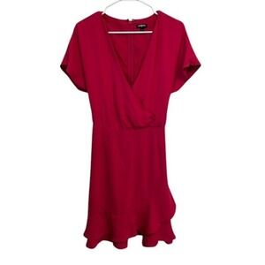Express Women's Pink Short Sleeve Faux Wrap Dress Ruffle Hem Party Cocktail Sz L